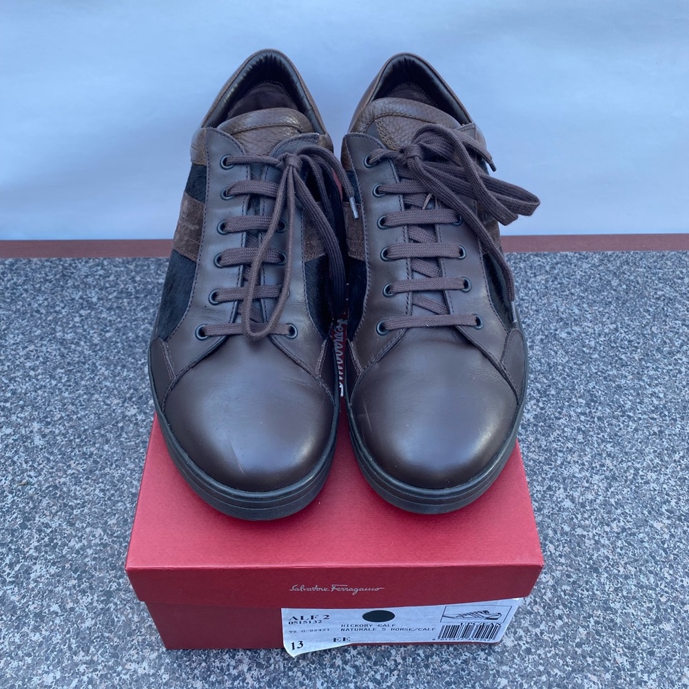 Salvatore Ferragamo ALF 2 Hickory Brown Calf Leather & Real Fur Sneaker,13 EE